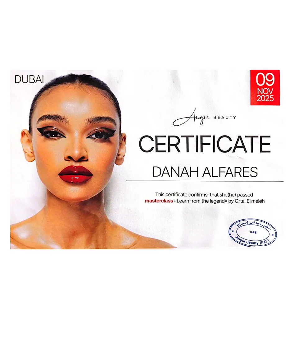 Certificate awarded to Danah Alfares for the Learn from the Legend masterclass by Ortal Elimeleh, Angie Beauty Dubai, 2025