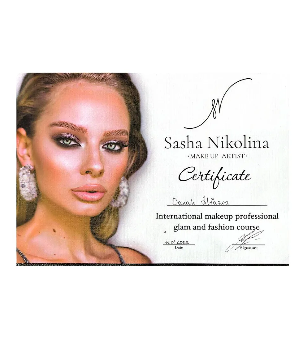Certificate awarded to Danah Alfares for the international professional glam and fashion makeup course by Sasha Nikolina, 2022