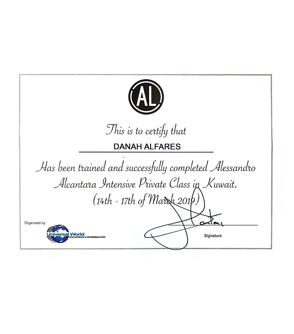 Certificate awarded to Danah Alfares for the Alessandro Alcantara intensive private makeup class in Kuwait, 2019