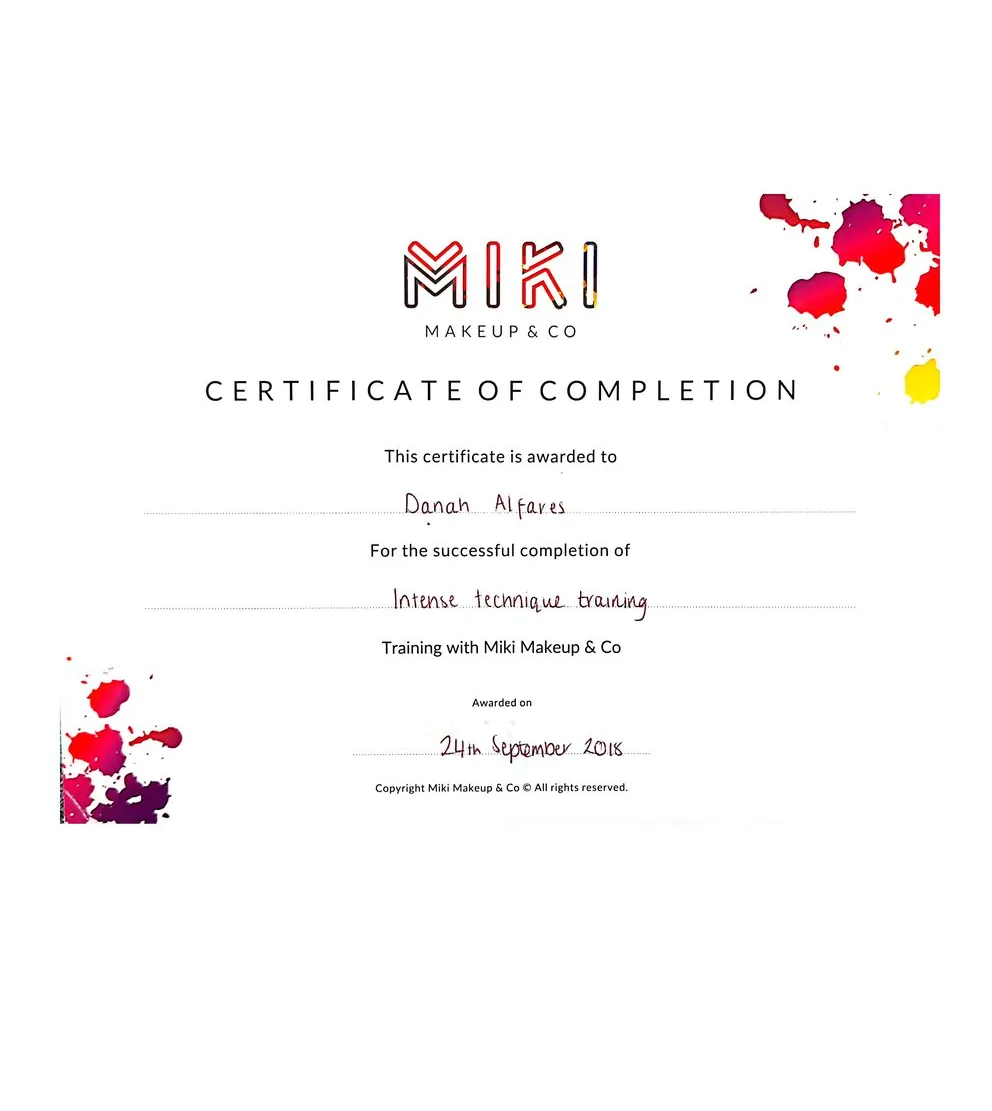 Certificate of completion awarded to Danah Alfares for intense technique makeup training with Miki Makeup & Co, 2018