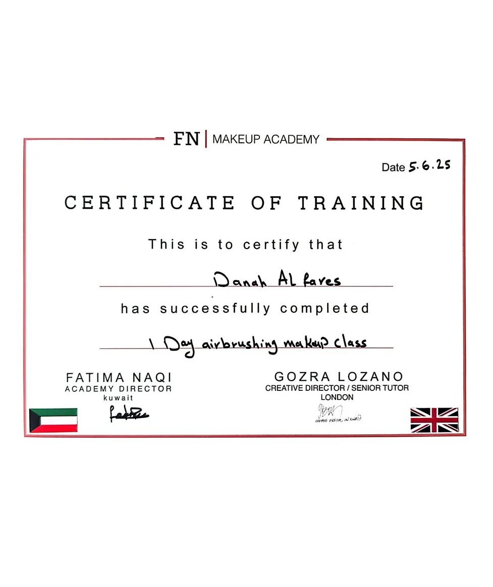 Certificate of training awarded to Danah Alfares for a 1-day airbrush makeup class at FN Makeup Academy, Kuwait, 2025
